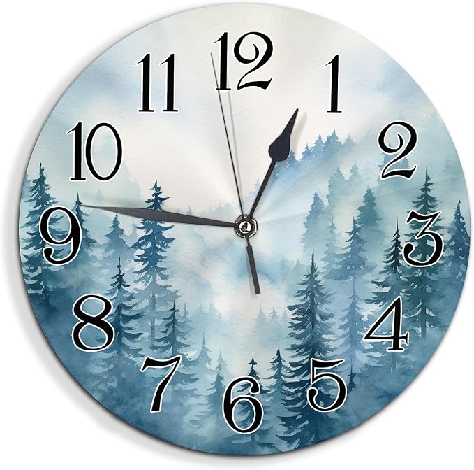 Forest Frameless Wall Clock Misty Mountain Nature Scenic with Foggy Woods and Pine Trees Light Blue White PVC Waterproof Non Ticking Bathroom Bedroom Battery Operated Wall Clock 10x10 Inch