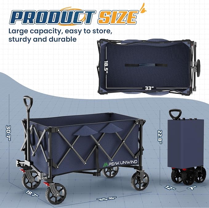 Wagons Carts Foldable,Collapsible Wagon with Wheels,450LBS Heavy Duty Beach Wagon Cart,Lightweight Portable Folding Utility Wagon Cart with Cup Holders for Camping, Garden, Sports, Grocery pcs (Blue)
