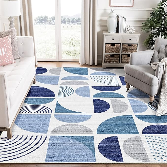 Blue Rug Boho Washable,6x9 Area Rugs Non Slip Modern Abstract Large | Throw Carpet for Living Room Bedroom Dining Room Soft Low Pile Floor Indoor Bohemian Navy Blue