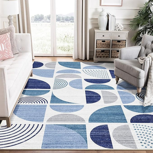 Blue Rug Boho Washable,6x9 Area Rugs Non Slip Modern Abstract Large | Throw Carpet for Living Room Bedroom Dining Room Soft Low Pile Floor Indoor Bohemian Navy Blue