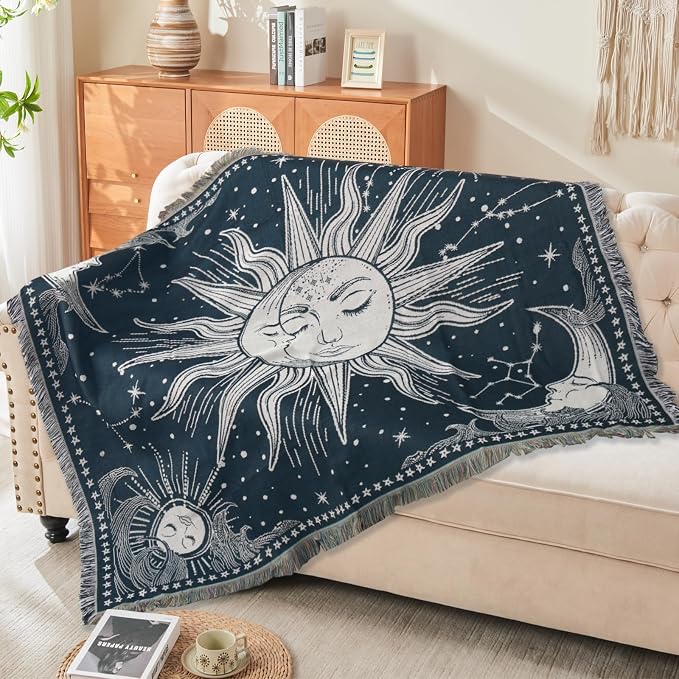 Boho Throw Blanket Reversible Cotton Bohemian Tapestry Hippie Room Decor Outdoor Blanket Double Sided (Navy Sun Moon 50"x60")