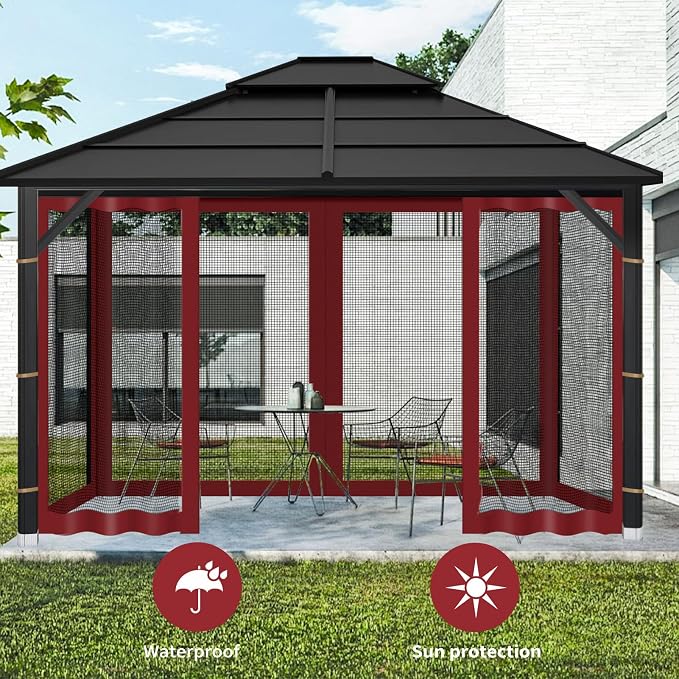 Gazebo Replacement Mosquito Netting Outdoor Universal Gazebo Canopy 4-Panels Screen Sidewalls with Zipper for Patio Garden (Red, 10x12)