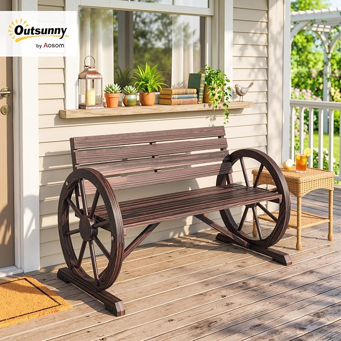 Outsunny 41" Wooden Wagon Wheel Bench, Rustic Outdoor Patio Bench Weather Resistance Furniture, 2-Person Slatted Seat with Backrest, Carbonized
