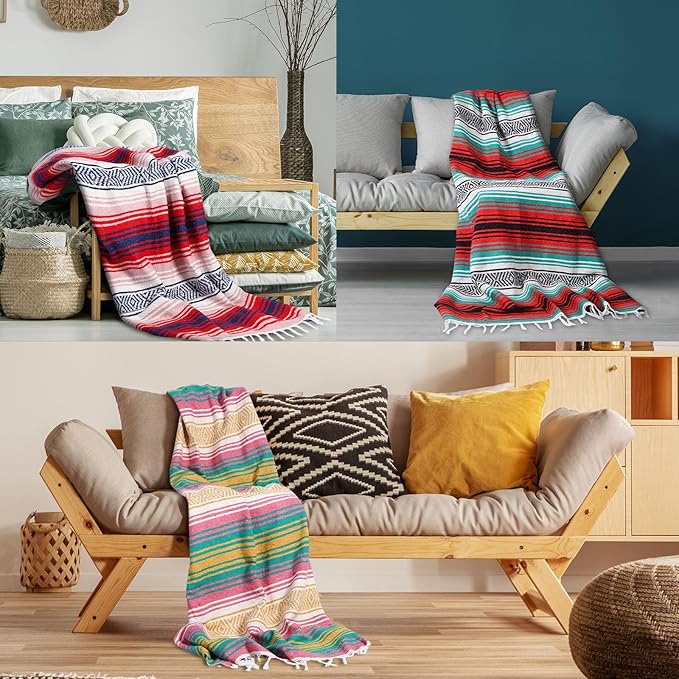 Oudain 6 Pack Mexican Blankets 45 x 70 Inch Woven Serape Throw Blanket, Baja Yoga Blanket for Beach Picnic Camping Boho Couch Decor Travel Outdoor (Retro Color)
