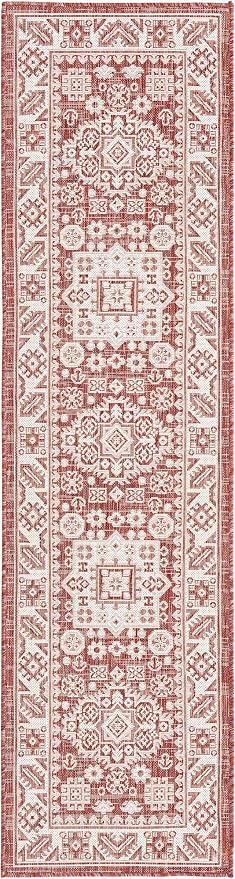 Unique Loom Outdoor Aztec Collection Area Rug - Chalca (2' x 7' 10" Runner, Rust Red/ Ivory)