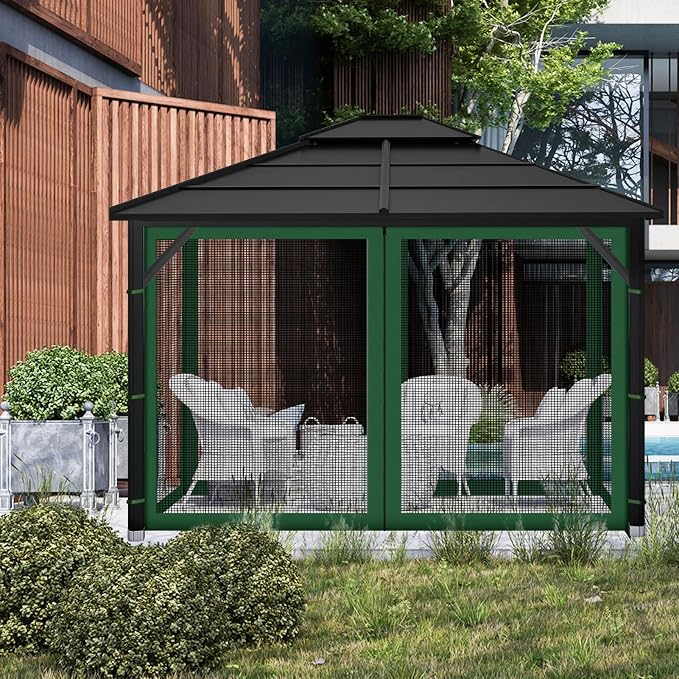 Gazebo Replacement Mosquito Netting Outdoor Universal Gazebo Canopy 4-Panels Screen Sidewalls with Zipper for Patio Garden (Green, 10x10)