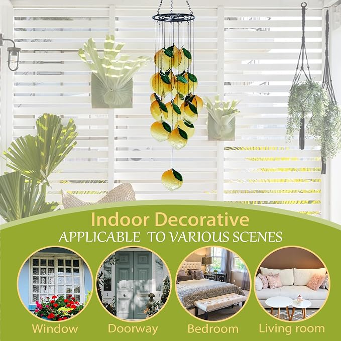 Small Sea Glass Wind Chimes for Outside, Lemon Windchimes Outdoors Unique, Sea Glass Art Wind Chimes Outdoor Gifts for Women, Hanging Outdoor Garden Decor