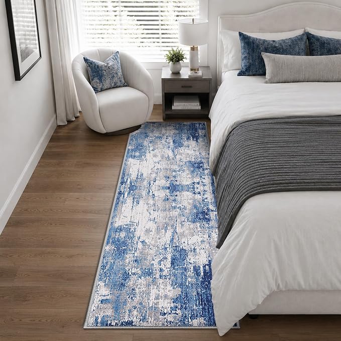 RELEANY Washable Runner 2'x10' Abstract Area Rug for Hallway Blue Gray | Carpet for Kitchen, Entryway, Bathroom, Living Room, Bedroom, Printed Pattern, Non‑Slip, Soft, Stain‑Resistant, Easy to Clean
