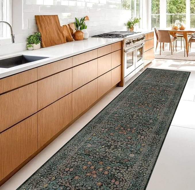 Dark Green Washable 3x20 Extra Long Runner Rug for Hallway Non Slip, Large Kitchen Indoor Floor Rugs for Entryway Hall Way, Soft Stain Resistant Low Pile Vintage Floral Carpet
