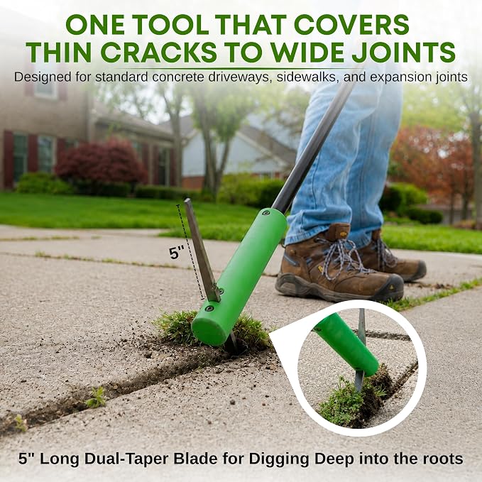 BICRACKIE Stand-Up Crack Weeding Tool with 60" Steel Pole; Steel Blade with 2-Sized, 5" Tapered Ends for Driveways, Patios, Sidewalks, Pavers to Remove Weeds Easily; Made in USA