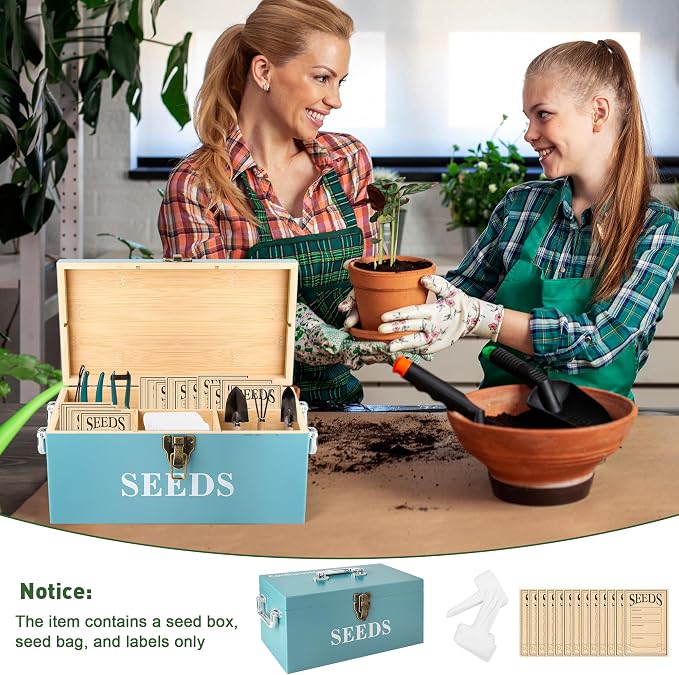 Coolrunner Wood Seed Saving Box, Seed Storage Organizer Case | Seed Packet Storage Organizer with Lock and 3 Handles, 30P Plant Labels, 30P Seeding Envelopes Bag (Blue)