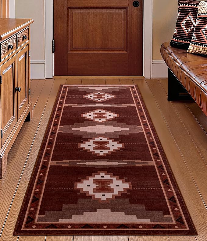 2‘x6' Washable Western Red Aztec Runner Rug for Hallway | Non-Slip, Low Pile, Stain Resistant, Southwestern Rustic Retro Long Rug for Kitchen Entryway Bedroom, Red/Brown