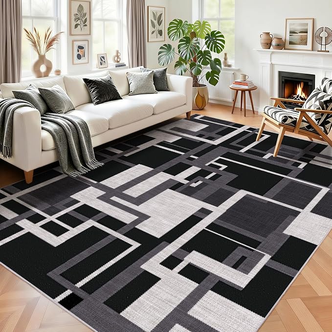 Modern Geometric 6x9 Area Rugs for Living Room, Charcoal Black Washable Rug | Abstract Patchwork Blocks Non-Slip Indoor Carpet for Bedroom Dining Room Office | Black White Grey Soft Low-Pile Large Rug
