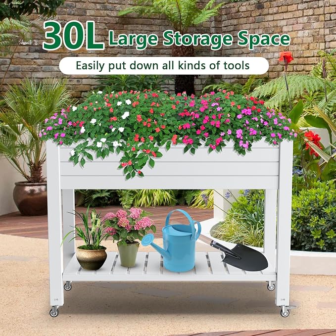 Vixzen 33.7" Tall Raised Garden Bed Outdoor with Wheels & Shelf, Divisible Resin Planter Box with Drainage Gauge, Planter Bed Box for Vegetables/Herbs, Backyard, Patio, Balcony, Ashen (33.7" H)