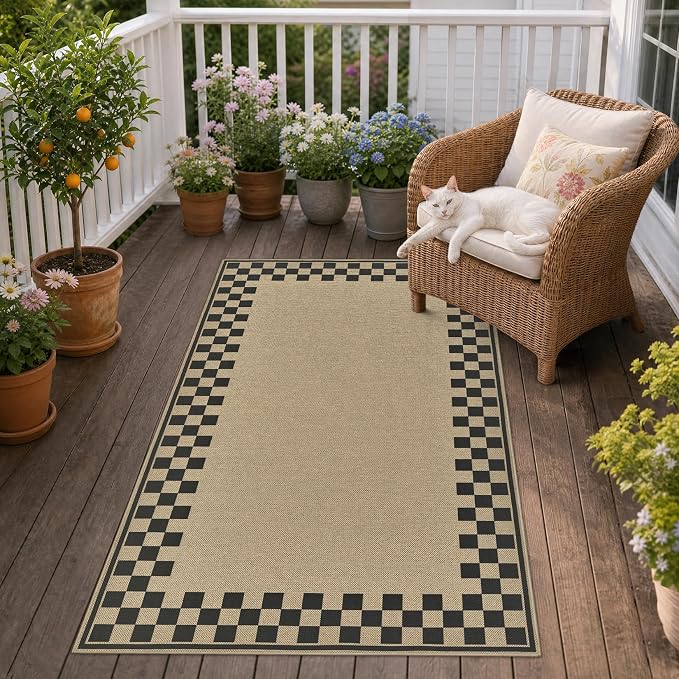 UERMEI 3x5 Outdoor Jute Area Rug Patio Farmhouse Checkered Brown | Indoor Outdoor Washable Non Slip Pet Friendly Carpet for Door Mat Area Rug for Patio Bedroom Living Room Kitchen Porch