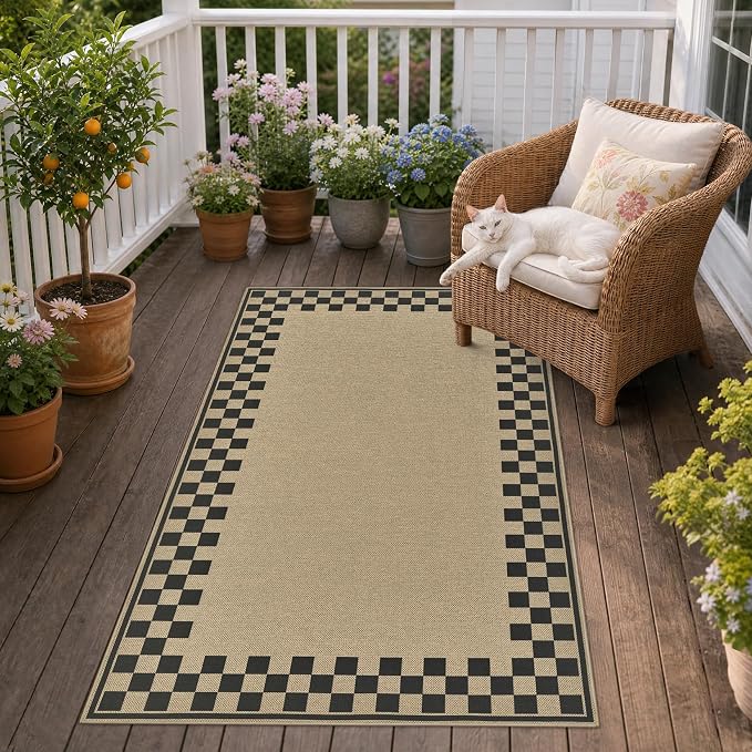 UERMEI 3x5 Outdoor Jute Area Rug Patio Farmhouse Checkered Brown | Indoor Outdoor Washable Non Slip Pet Friendly Carpet for Door Mat Area Rug for Patio Bedroom Living Room Kitchen Porch