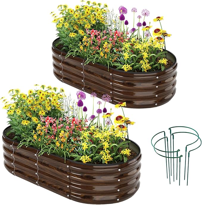 ZFHgarden Galvanized Metal Raised Garden Bed Kit for Gardening Outdoor Planter Grow Garden Box Raised Flower Bed Galvanized Planter Outdoor Brown 2PC