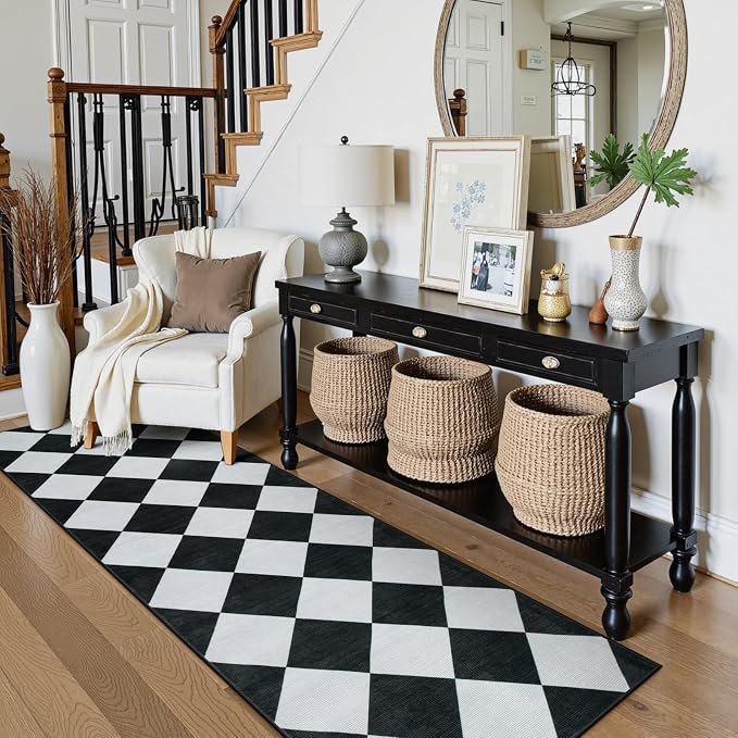 Beeiva Checkered Print Runners for Hallways 2.5x8, Ultra Thin Black Kitchen Runners Non Skid Washable 8 ft, Modern Diamond Stain Resistant Low Pile Carpet for Bathroom Entryway Bedroom Laundry