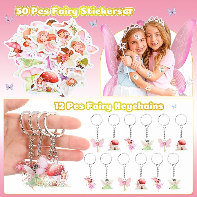 Funrous 122 Pcs Fairy Party Favors Bulk with Woodland Fairy Silicone Slap Bracelets Keychains Stickers Stampers Badges Gifts Bags for Fairytale Garden Forest Birthday Baby Shower Party Supplies