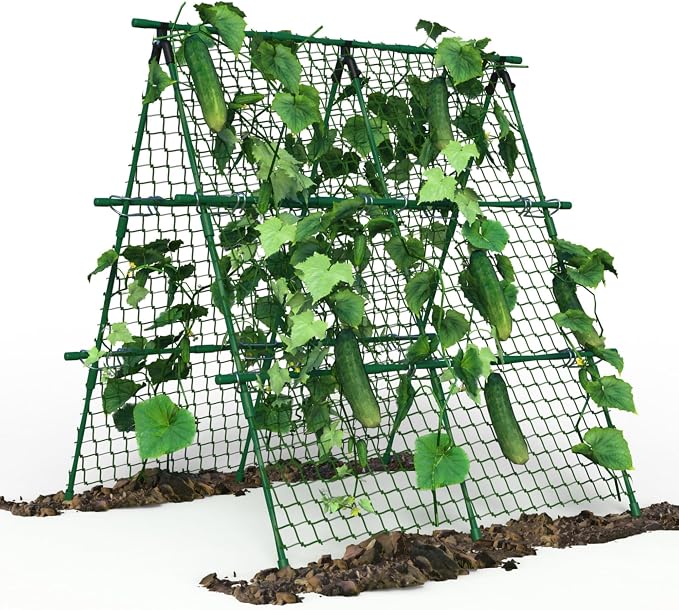 Garvee Outdoor Plant Support Trellis, 4 ft x 4 ft Metal A-Frame with Netting for Tomatoes Cucumbers Peas Beans Grapes, Climbing Vegetable Garden Trellis for Raised Beds, Green