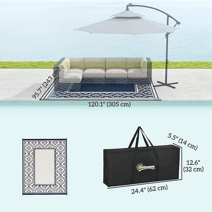 Outsunny Outdoor Rug for Patio, 8' x 10' Waterproof Large Mat, Reversible Plastic Straw Rug for Decor, Portable Outside RV Camping Area Carpet Mat for Backyard Porch Deck Picnic, Blue & White Gourd