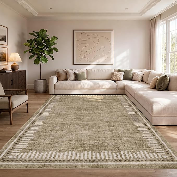 Garvee Living Room Washable Area Rugs 9x12 Taupe Neutral Scalloped Carpet | Large Modern Solid Color Low Pile Stain Resistant Dining Room Throw Carpet Geometic Non Slip Pet Friendly Bedroom Nursery Rug