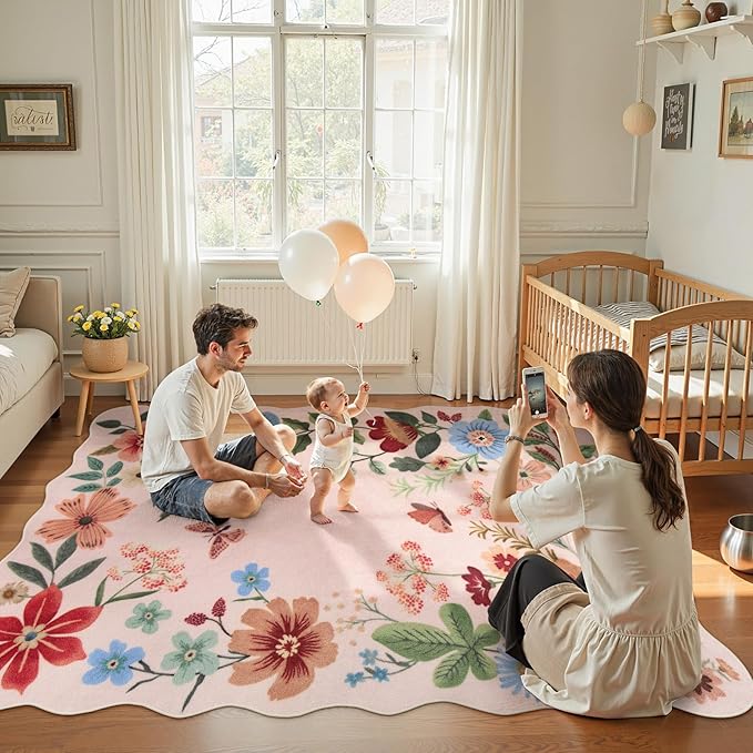 Lahome Floral Washable Area Rugs 5x7, Soft Pink Rugs for Living Room | Bedroom Ultra-Thin Non-Slip Stain Resistant Throw Boho Carpet for Nursery Classroom Flore, Light, Pink