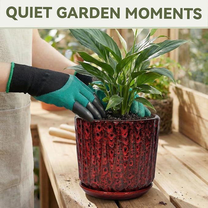 7.5 Inch Ceramic Planter Pot with Saucer Drainage Leak-Proof Mesh,Flower Pots for Indoor Plants with Gardening Gloves,Ceramic Planter(Spotted Red)
