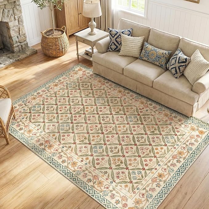 jinchan 6x9 Vintage Floral Washable Large Living Room Area Rug, Teal Blue | Soft & Lightweight, Checkered Floral, Low Pile, Non Slip, Bedroom, Dining Room, Girls Room, Home Office, Cottage Decor
