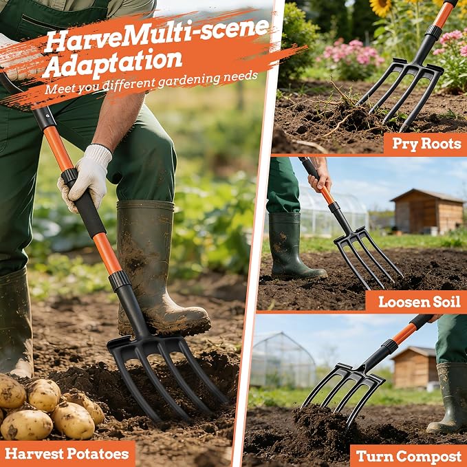 Garden Fork for Digging, 4-Tine Pitch Fork with Foot Step, Ergonomic Y-Handle & Comfortable Grip, Lightweight Durable Pitchfork for Soil Loosening, Compost, Mulch, Weeding & Potato Harvest - 43 Inches