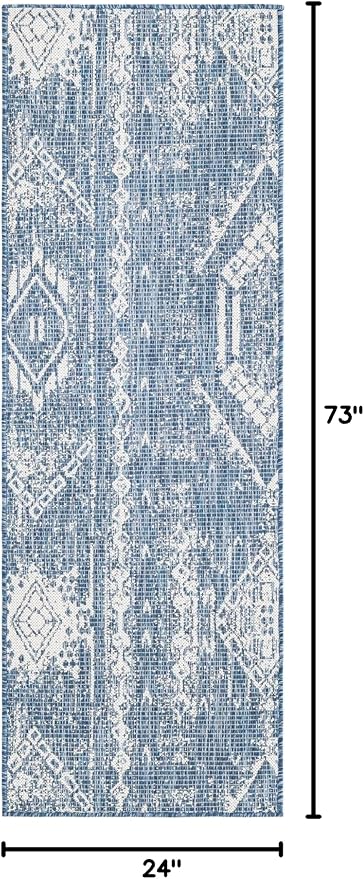 Unique Loom Outdoor Bohemian Collection Area Rug - Anthro (2' x 6' 1" Runner, Blue/ Ivory)