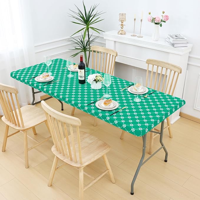 misaya Rectangle Vinyl Table Cloth, Elastic Fitted Tablecloth with Flannel Backing, Waterproof Plastic Table Cover Fits 8 Foot Folding Tables for Picnic, Camping, Indoor and Outdoor (Green, 30" x 96")