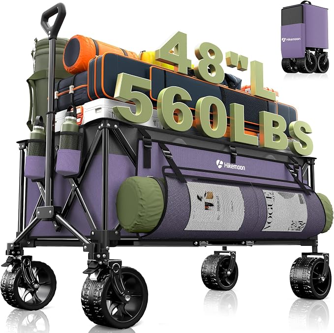 Hikemoon 300L Extra Large Wagons Carts Foldable, 560LBS Heavy Duty Collapsible Beach Wagon 48" Long with Big All-Terrain Wheels, Utility Folding Cart for Camping, Sports, Garden, Purple