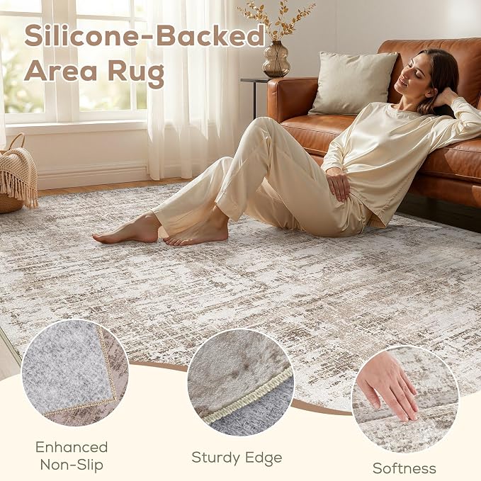 Nakagishi 10X14 Abstract Washable Area Rugs for Living Room-Brown-02 | Modern Non-Slip Silicone Backing Low Pile Soft Carpet for Bedroom Dining Decor Ideal for Families with Kids and Pets