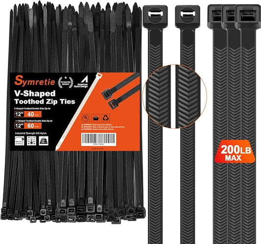 12"─-shaped & V-shaped double-sided tooth zip ties black. ─: 100lbs, V: 200lbs tensile strength. Heavy-duty, self-locking, adjustable, durable nylon ties for indoor/outdoor use. (40V+60─)