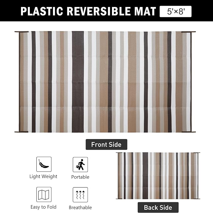 HUGEAR Outdoor Waterproof Rug 5'x8' Plastic Straw Rugs Washable Reversible Floor Mat Brown Stripe Carpet for Camping RV Deck Entryance Porch Picnic Balcony Beach Backyard