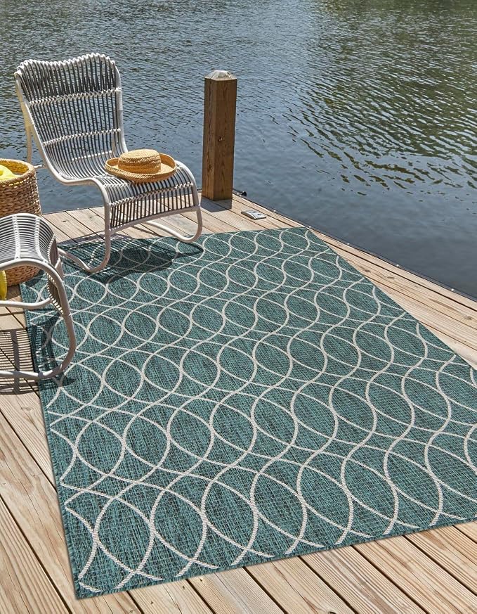 Unique Loom Outdoor Trellis Collection Area Rug - Gitter (4' 1" x 6' 1" Rectangle, Teal/ Ivory)