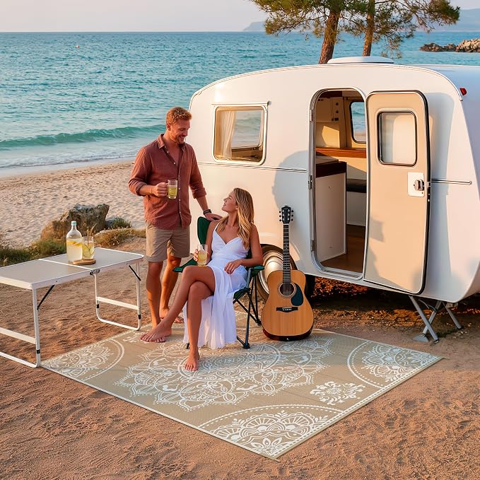 Pauwer Waterproof Outdoor Rug 5x8, Reversible Plastic Straw Patio Camping Rug, Indoor Outdoor RV Mat Carpet for Deck, Camper, Porch, Balcony, Backyard, Picnic, Floral Brown