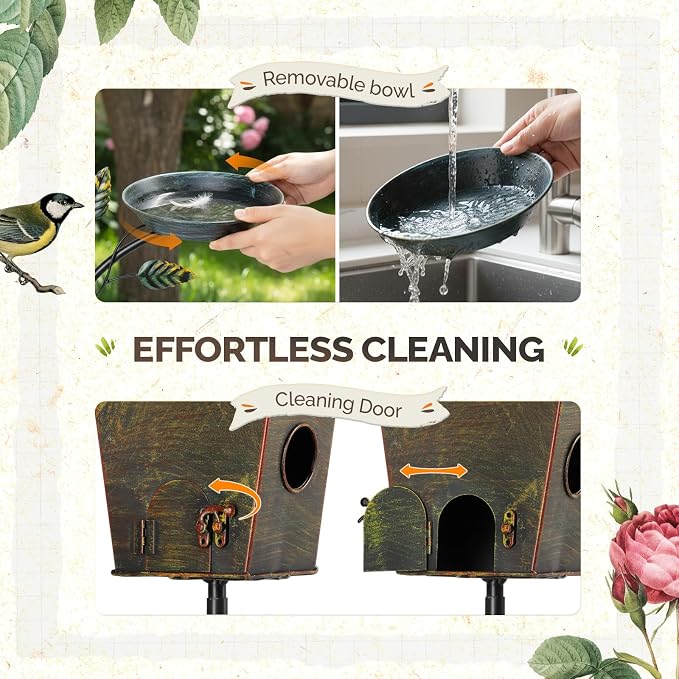 VINGLI 74.8" H Metal Bird Bath with Bird House, Outdoor Bird Bath with Stakes, 3-in-1 Bird Feeder for Patio, Garden, Yard, Lawn (Top-Fixed Bird House)