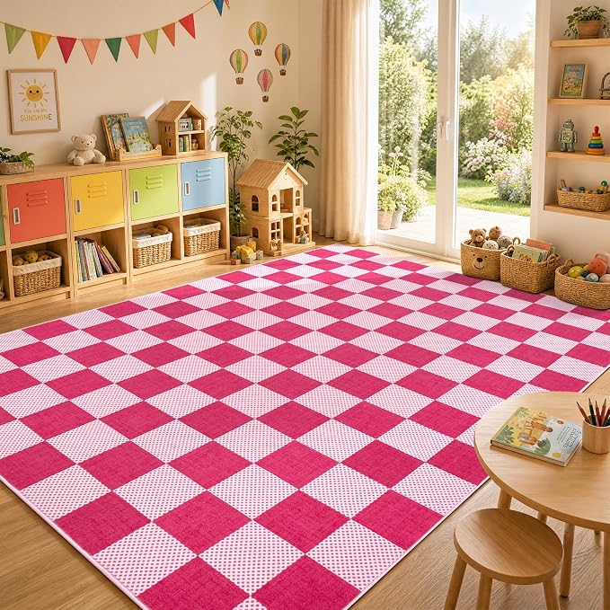 GarveeHome Checkered Hot Pink 3x5 Washable Girls Low-Pile Rug for Bedroom | Non-Slip Geometric Modern Small Hot Pink Soft Stain Resistant Boys Rug for Living Room Bathroom Entryway TPE Backing