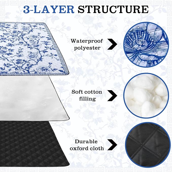 Newwiee 80 x 80 Inch Blue and White Floral Picnic Blanket Extra Large Outdoor Chinoiserie Picnic Mat with Carry Strap Waterproof Sandproof Blanket Foldable Portable for Beach Camping Grass Lawn Park