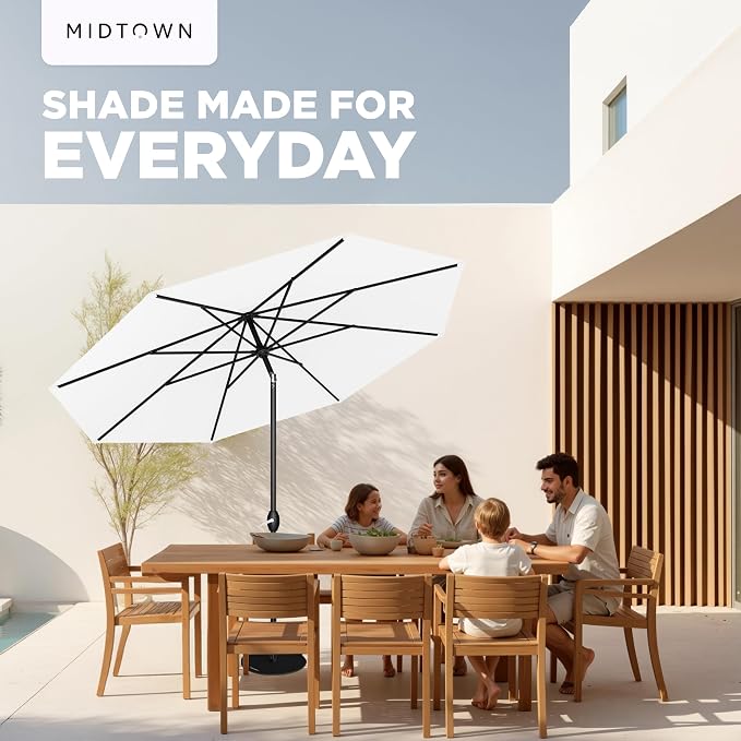Midtown Umbrellas - 10-Year-No-Fade 10 Ft Patio Umbrella with Terylast Fabric, Auto-Tilt Aluminum Frame and 8 Reinforced Ribs for Deck, Pool, Garden & Beach - Ivory White Canopy, Black Pole