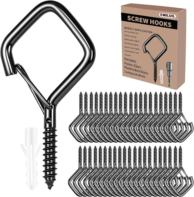 82 PCS Metal Black Eye Screw Hooks for Hanging Heavy Duty.Windproof Ceiling Hooks for Hanging Plants,Cup,Wind Chime,Bird Feeders,Christmas String Lights at Indoor&Outdoor 2.2 Inch