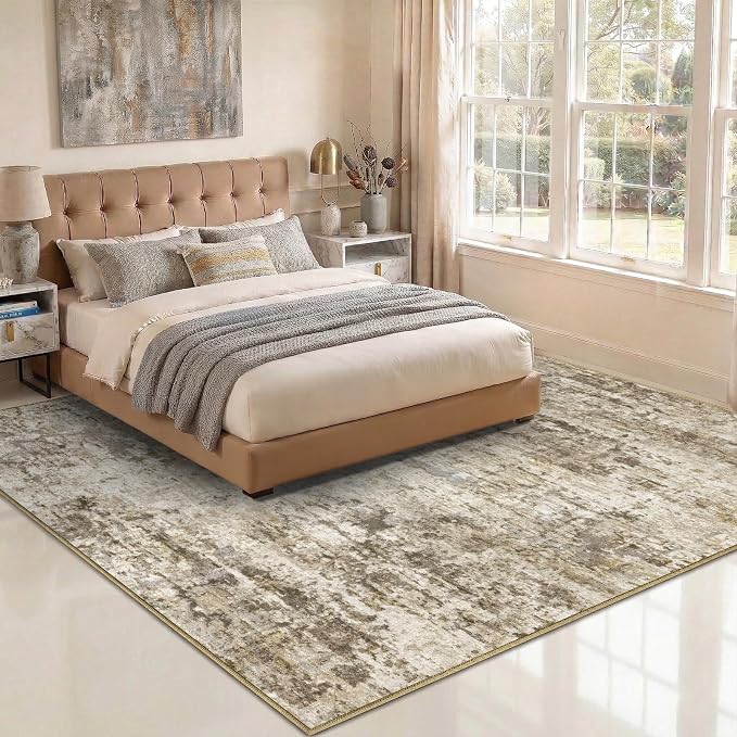 5x7 Area Rugs Washable Living Room Rug Non Slip Soft Carpets | Modern Abstract Indoor Floor Stain Resistant Carpet for Bedroom Dining Room Farmhouse Nursery Home Office Brown
