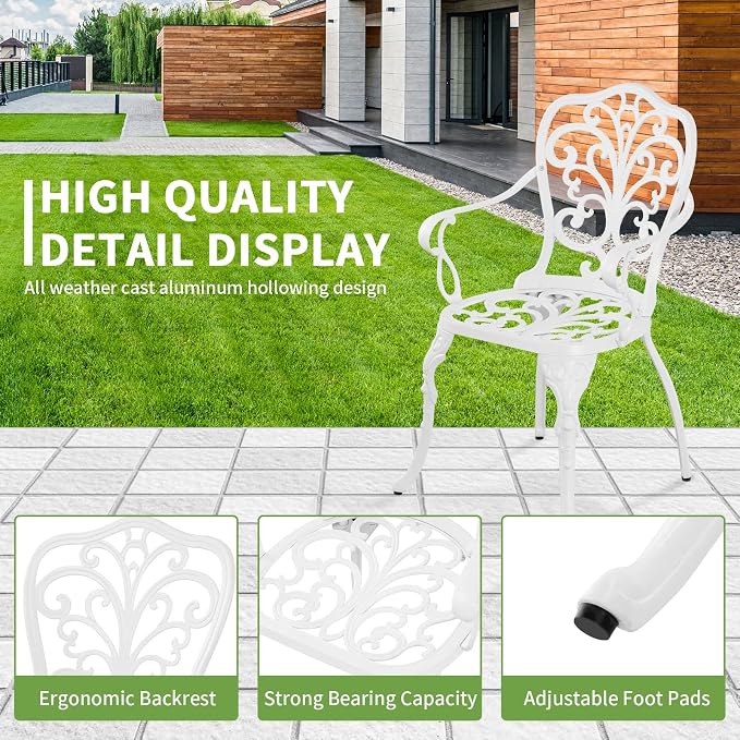 Patio Bistro Sets 3 Piece,Cast Aluminum Bistro Table and Chairs Set of 2 with 1.97" Umbrella Hole,All Weather Bistro Table Set Outdoor Patio Furniture for Garden,Yard(Butterfly White)