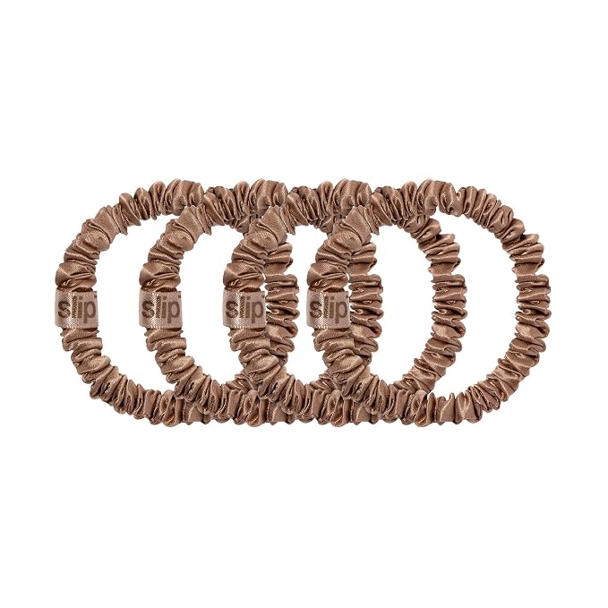 Slip Silk Hair Ties — Skinny Silk Light Brown Scrunchies, No Damage, No Crease, Anti-Breakage |100% Mulberry Silk | All Hair Types | Made with Proprietary Slipsilk™ | Set of 4