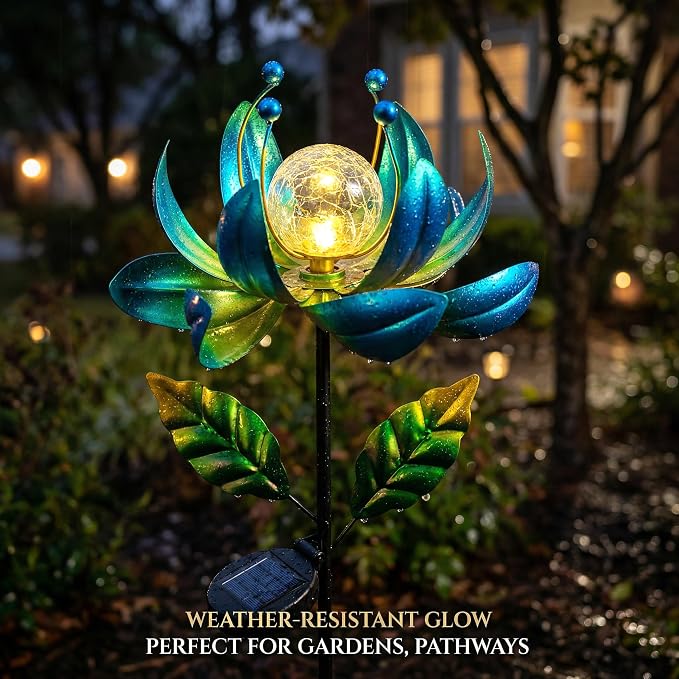38-Inch Solar Wind Spinner Outdoor, Metal Kinetic Lotus Yard Art with Glass | Glowing Crackle Glass Light And Rotating Lotus Petals Create Eye-Catching Yard Art For Patios, Lawns And Garden Pathways