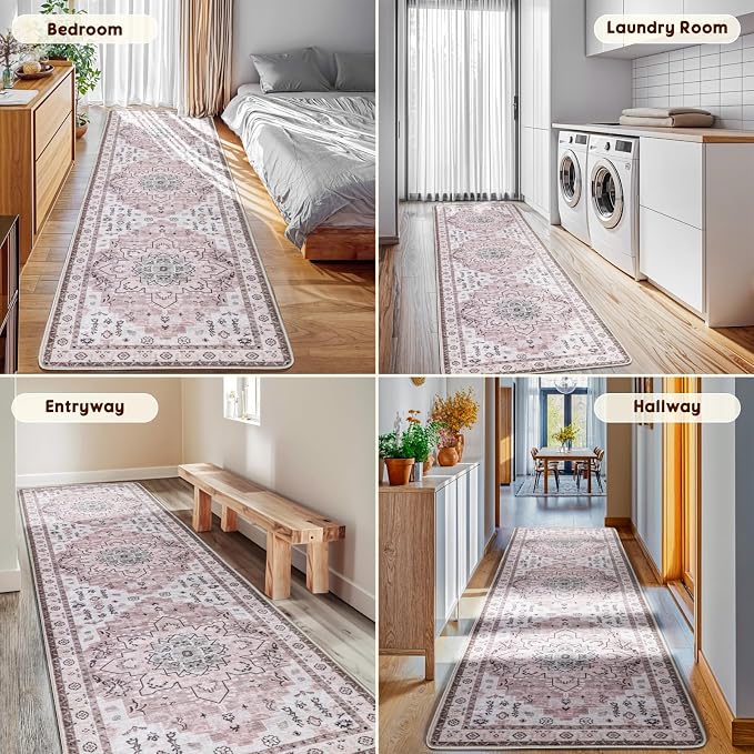 LBRO2M Machine Washable Rug Soft Pet Friendly Carpet 2X10 Pink | Persian Runner Rug 2X10 for HallWay, Bedroom, Kitchen, Laundry Room, Non Slip Carpet, Foldable Stain Resistant Rugs