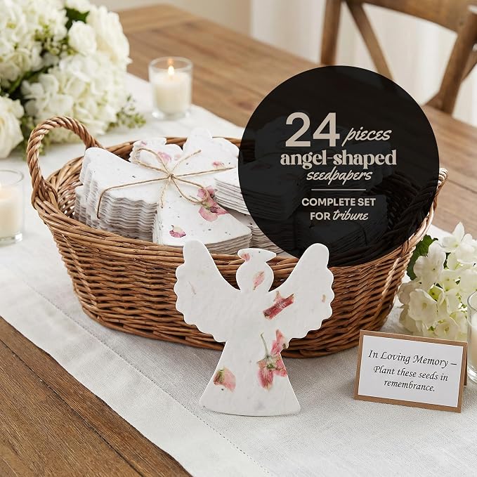 Plantable Memorial Gift Tags with Wildflower Seeds – 24 Pack Pink Angel-Shaped Writable Gift Wrap Tags for Funeral Favors, Sympathy Gifts & Celebration of Life Keepsakes