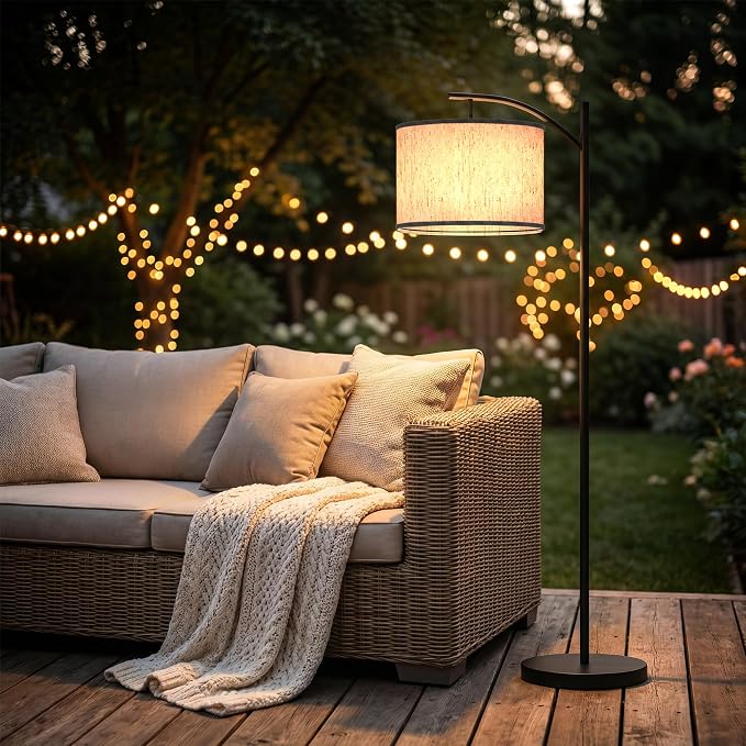 Candieslife Solar Outdoor Floor Lamp for Patio, Cordless Arc Standing Lamp with Heavy Base & Weatherproof Shade, Waterproof Solar Powered Light for Deck, Porch, Garden, Balcony Decor